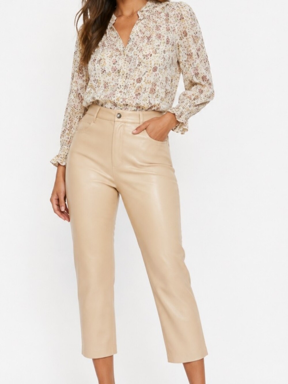 Aritzia S6 Neutral High Rise Leather Like  Melina Cropped Pants